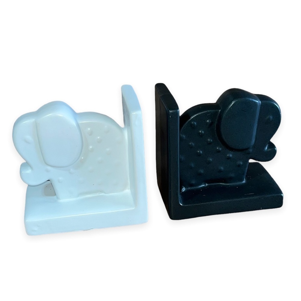 Pair of Ceramic Elephant Bookends Nursery Modern Contemporary‎ Black and White